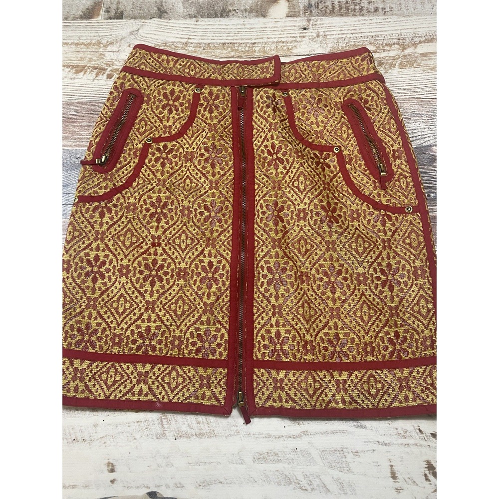 Etcetera Tapestry Brocade Mini Skirt Red Gold Accent Trim Size 0